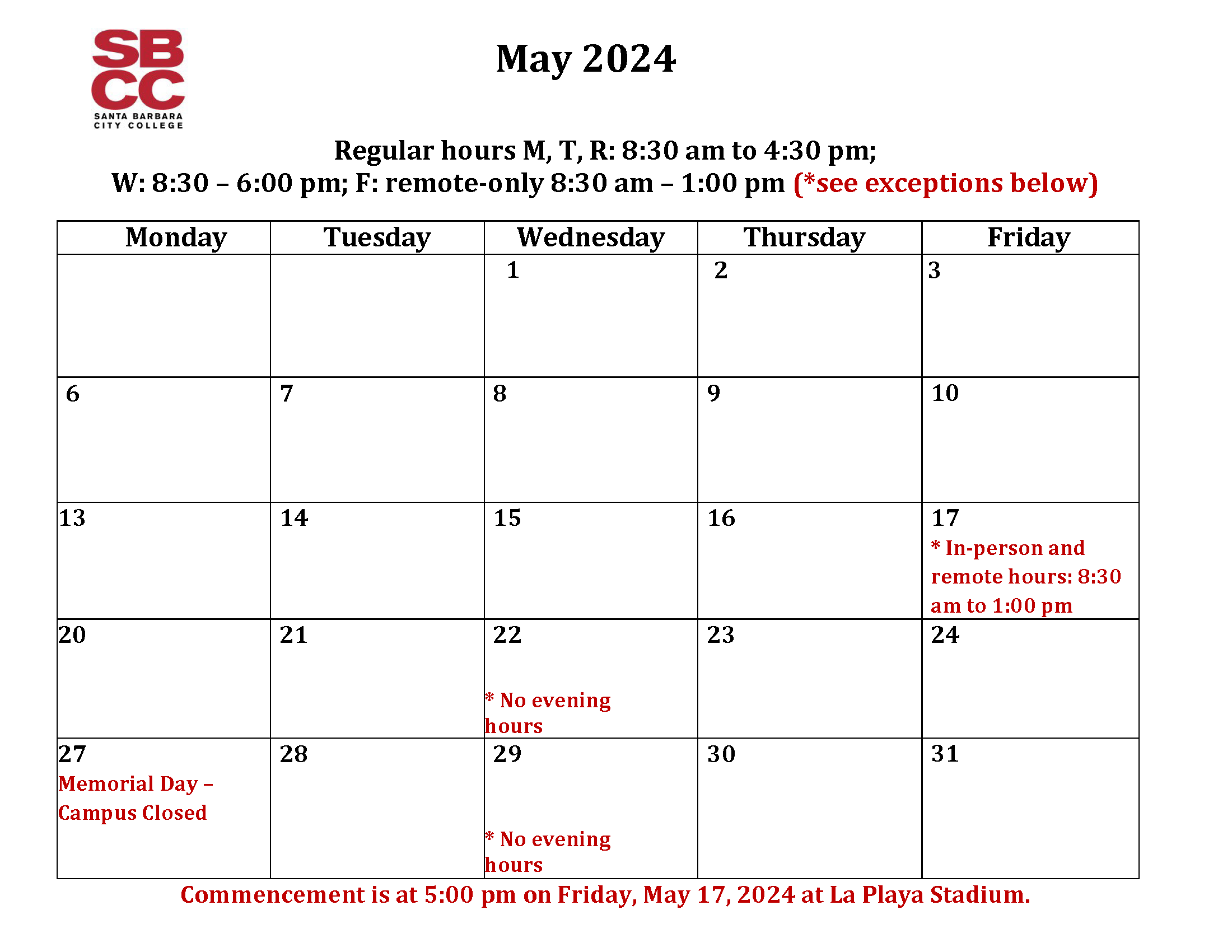 May 2024 student services hours - click for PDF